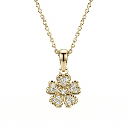 Clover Necklace in 14K solid gold: five heart-shaped leaves set with clear CZ stones, on a fine cable chain.