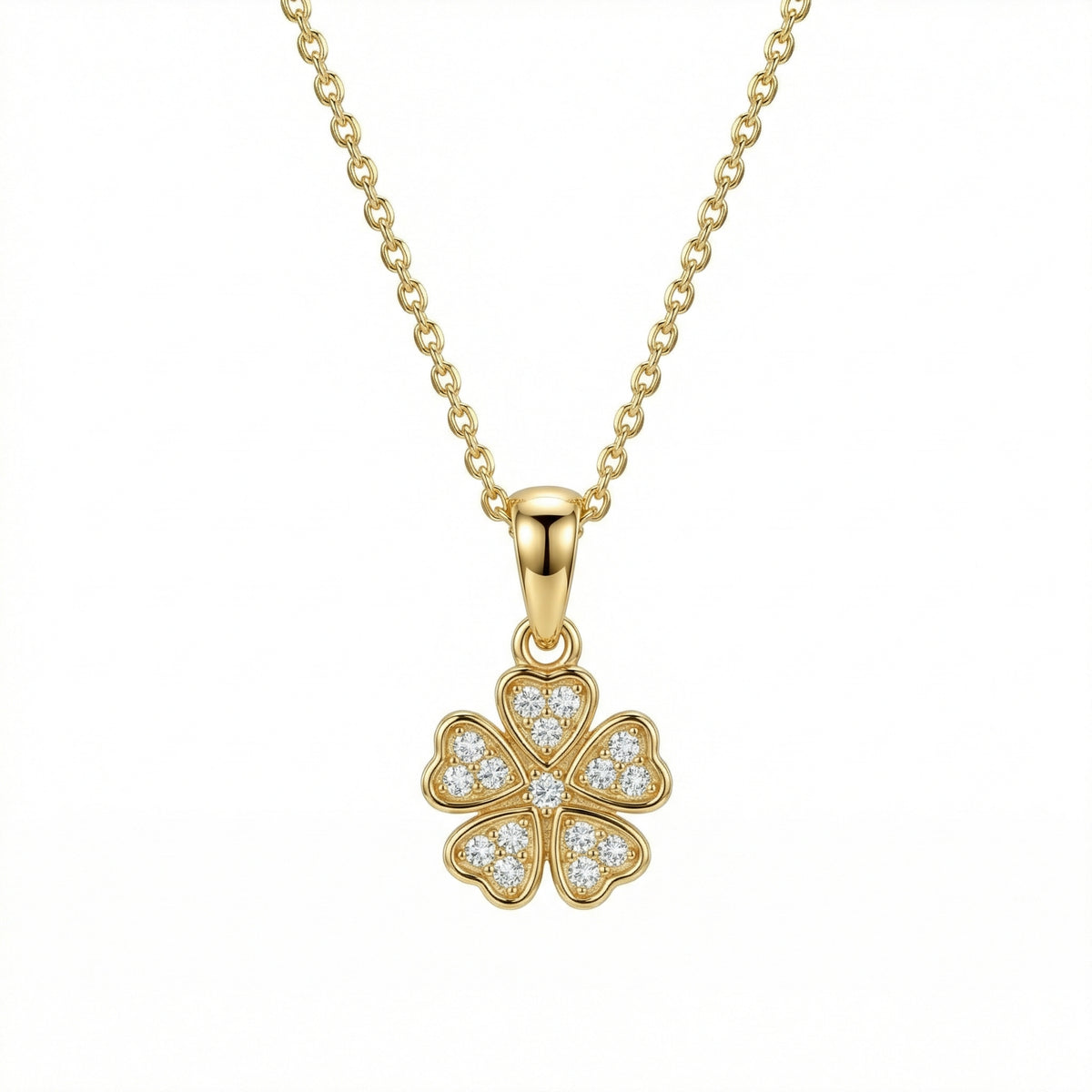 Clover Necklace with CZ Diamonds in 18K Gold Vermeil with CZ Diamond. Tarnish-resistant, perfect for daily wear.