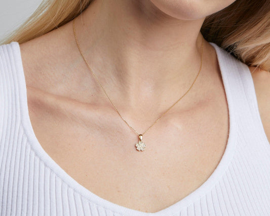 Close detail of the Clover Necklace with CZ Diamonds in 18K Gold Vermeil with CZ Diamond. Safe for sensitive skin, premium.