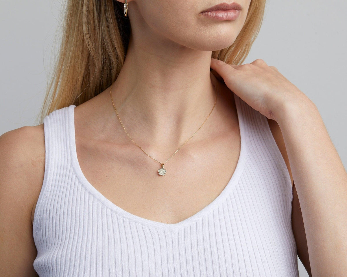 Clover Necklace with CZ Diamonds as a thoughtful birthday gift in 18K Gold Vermeil with CZ Diamond. Hypoallergenic, no.