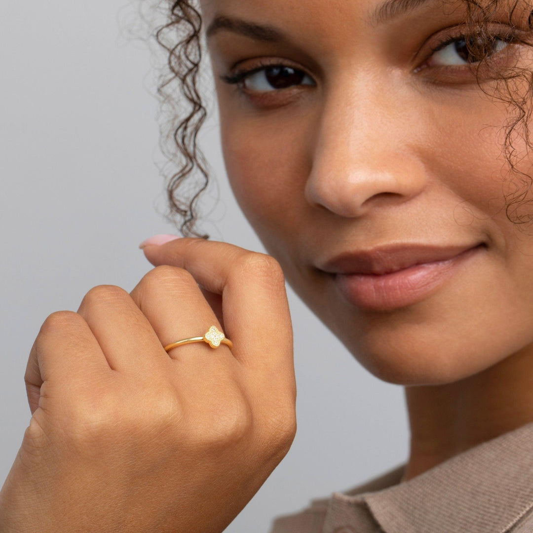Clover Stackable Ring in Glamour Jewelry House gift box — 18K Gold Vermeil graduation gift. Hypoallergenic, no green marks.