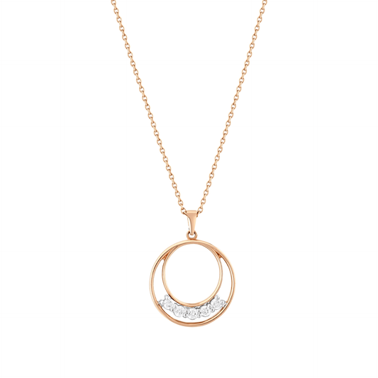 0.19 ct tw natural diamond crescent double circle pendant necklace in 14K solid rose and white gold on a fine rose-gold cable chain, front view