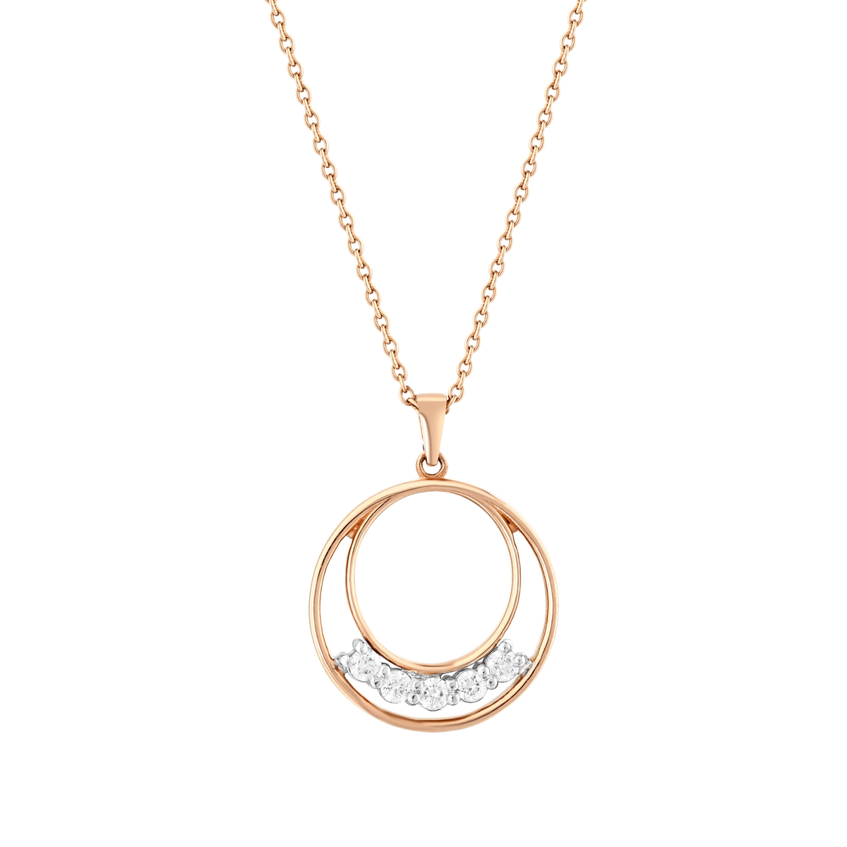 Close-up of the two nested rose-gold circles and the crescent row of five natural diamonds in a white-gold setting