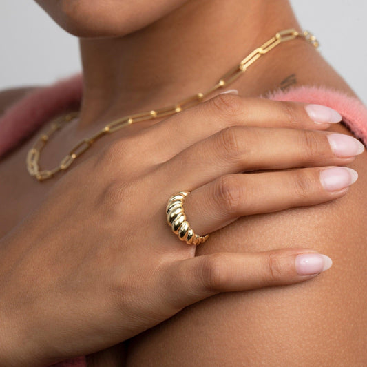 Close detail of the Croissant Adjustable Ring in 18K Gold Vermeil. Hypoallergenic, no green marks, premium handmade jewelry.