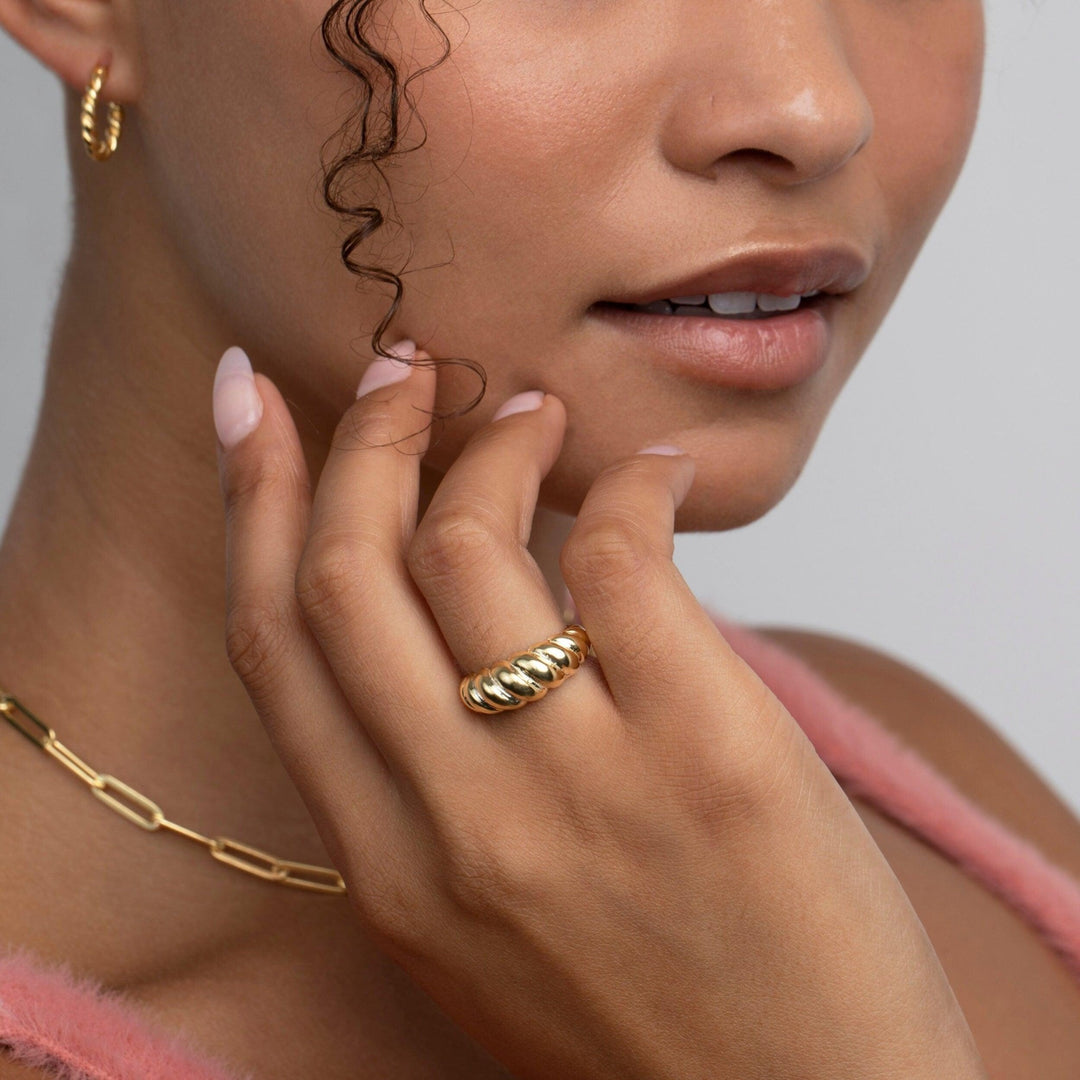The Croissant Adjustable Ring styled in 18K Gold Vermeil — elegant everyday jewelry. Tarnish-resistant.