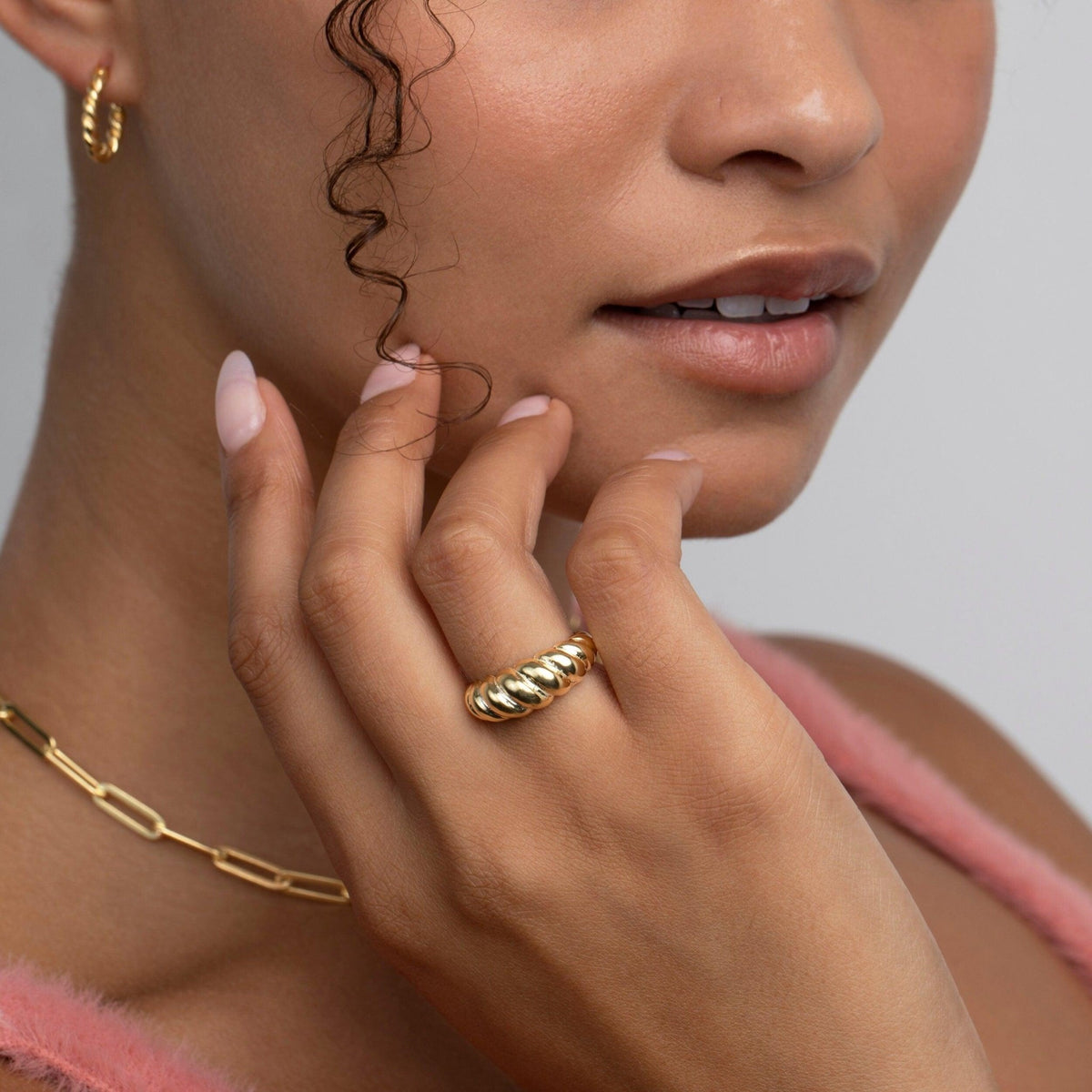 The Croissant Adjustable Ring styled in 18K Gold Vermeil — elegant everyday jewelry. Tarnish-resistant.
