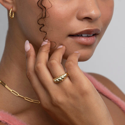The Croissant Adjustable Ring styled in 18K Gold Vermeil — elegant everyday jewelry. Tarnish-resistant.