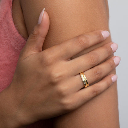 Close detail of the Croissant Double Stackable Ring in 18K Gold Vermeil. Hypoallergenic, no green marks, premium handmade.
