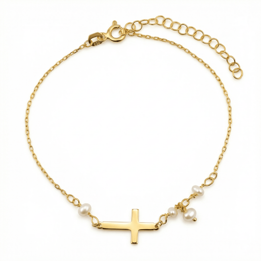Cross Bracelet with Freshwater Pearls in 18K Gold Vermeil with Freshwater Pearl. Tarnish-resistant, perfect for daily wear.