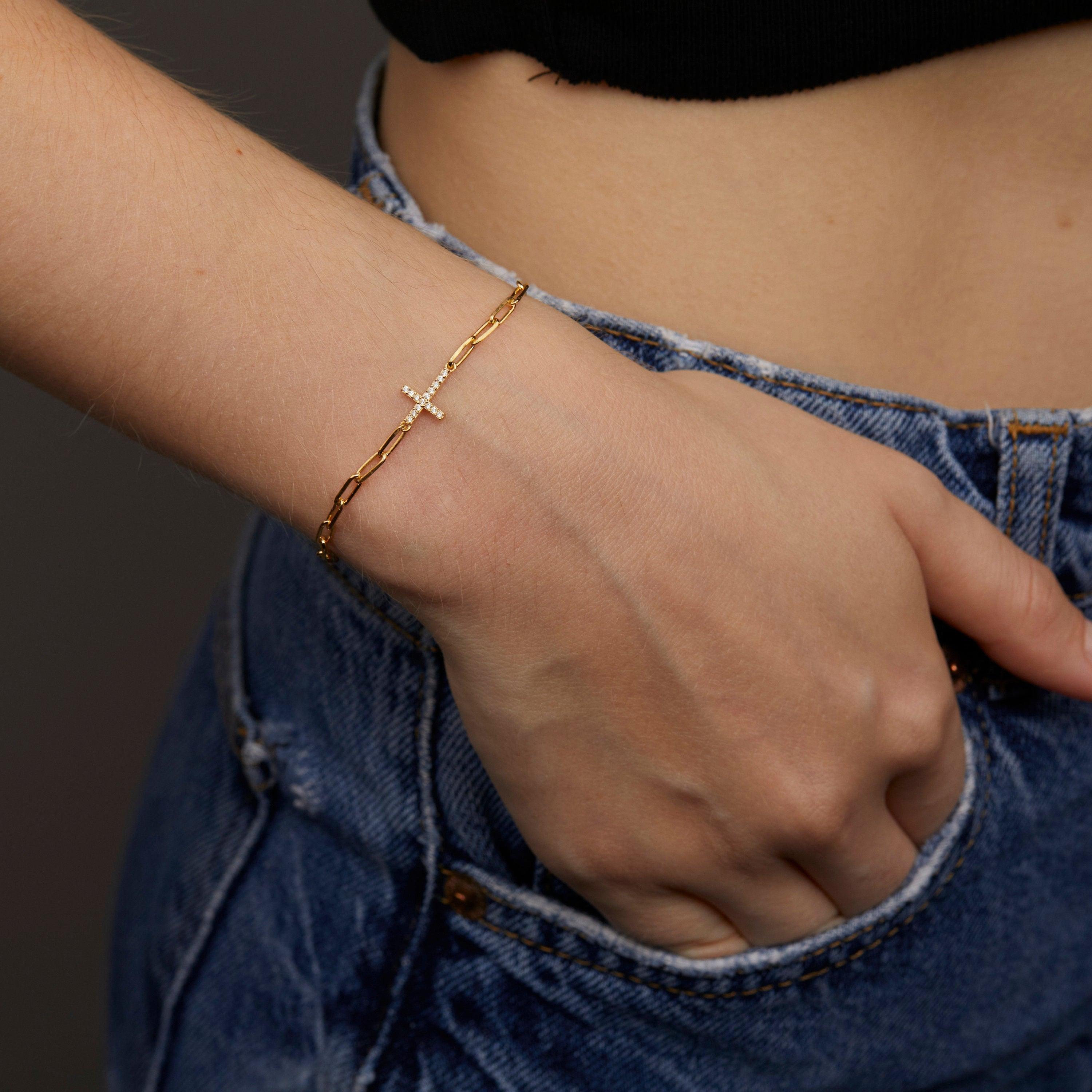 Cross Bracelet with Paperclip Chain in Glamour Jewelry House gift box — 18K Gold Vermeil confirmation gift.