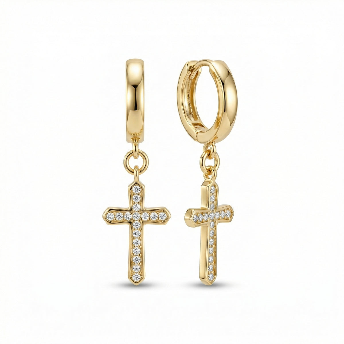 Cross Hoop Earrings in 18K Gold Vermeil with CZ Diamond. No green marks, perfect for daily wear.