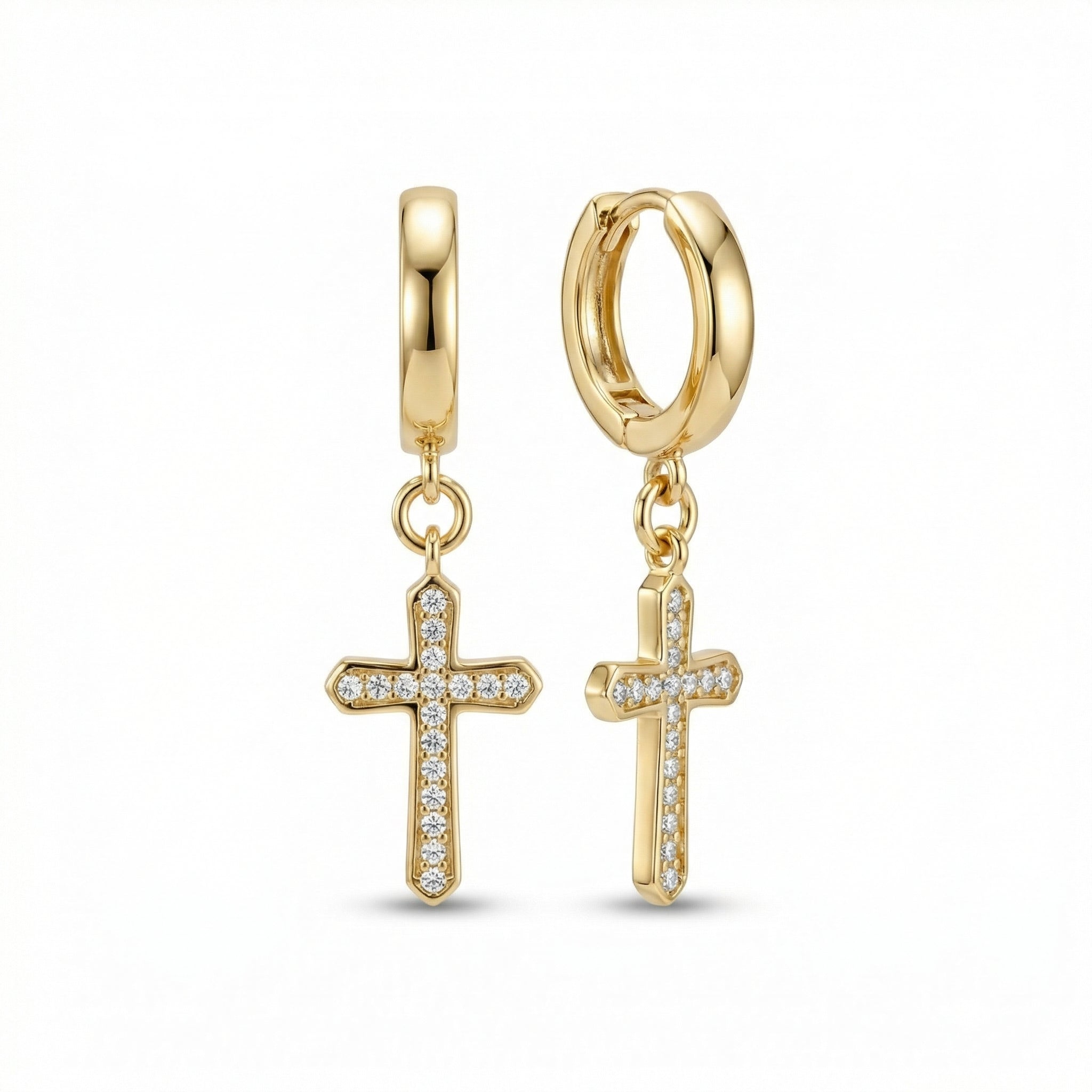 Cross Hoop Earrings in 18K Gold Vermeil with CZ Diamond. No green marks, perfect for daily wear.