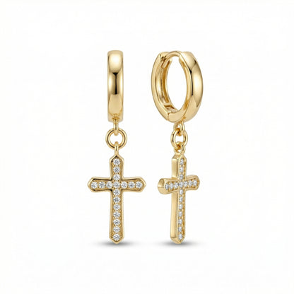 Cross Hoop Earrings in 18K Gold Vermeil with CZ Diamond. No green marks, perfect for daily wear.
