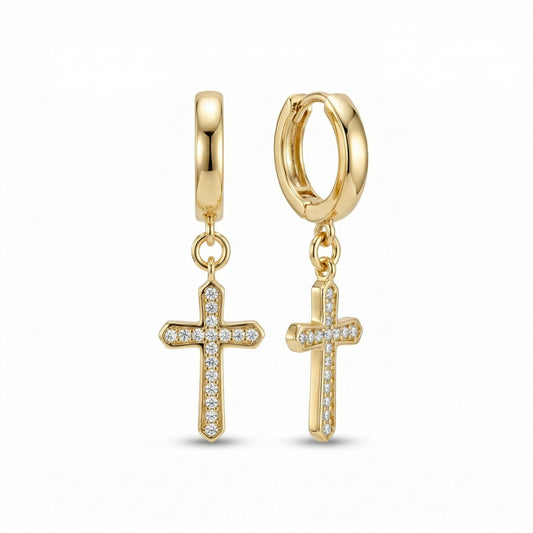 Cross Hoop Earrings in 18K Gold Vermeil with CZ Diamond. No green marks, perfect for daily wear.