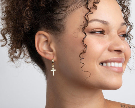 Close detail of the Cross Hoop Earrings in 18K Gold Vermeil with CZ Diamond. Tarnish-resistant, premium handmade jewelry.