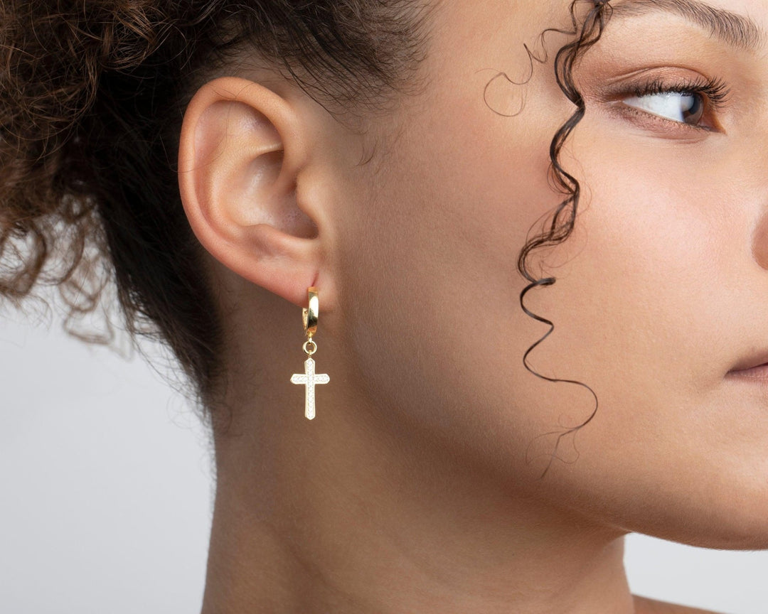 Cross Hoop Earrings in Glamour Jewelry House gift box — 18K Gold Vermeil confirmation gift. No green marks.