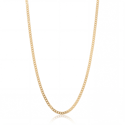 Curb chain necklace in 18K gold, 3 mm flat curb link chain on white background