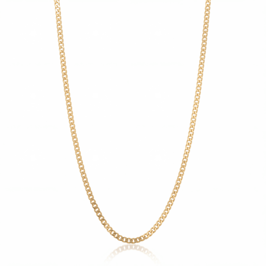 Curb chain necklace in 18K gold, 3 mm flat curb link chain on white background