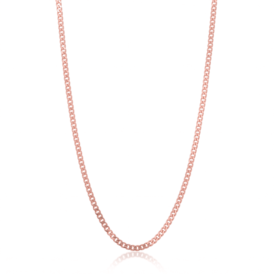 Rose gold curb chain necklace, 3 mm flat curb link chain on white background