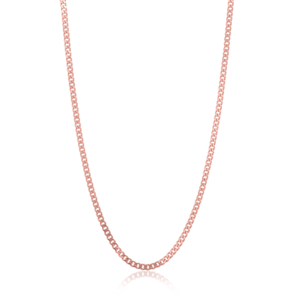 Rose gold curb chain necklace, 3 mm flat curb link chain on white background