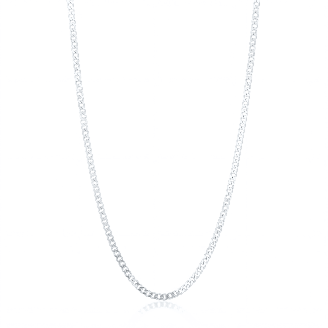 Silver curb chain necklace, 3 mm flat curb link chain on white background