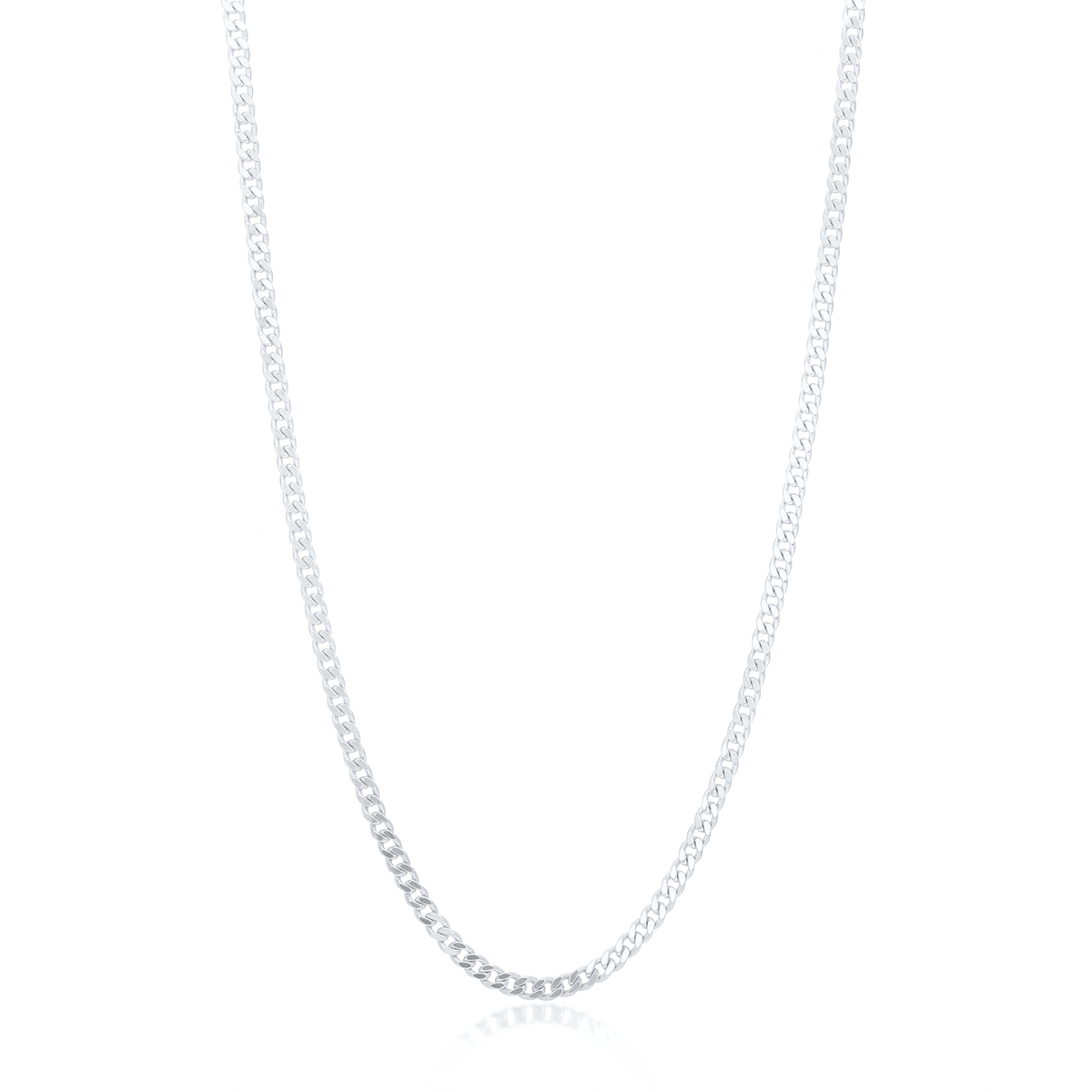 Silver curb chain necklace, 3 mm flat curb link chain on white background