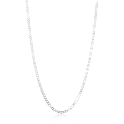 Silver curb chain necklace, 3 mm flat curb link chain on white background