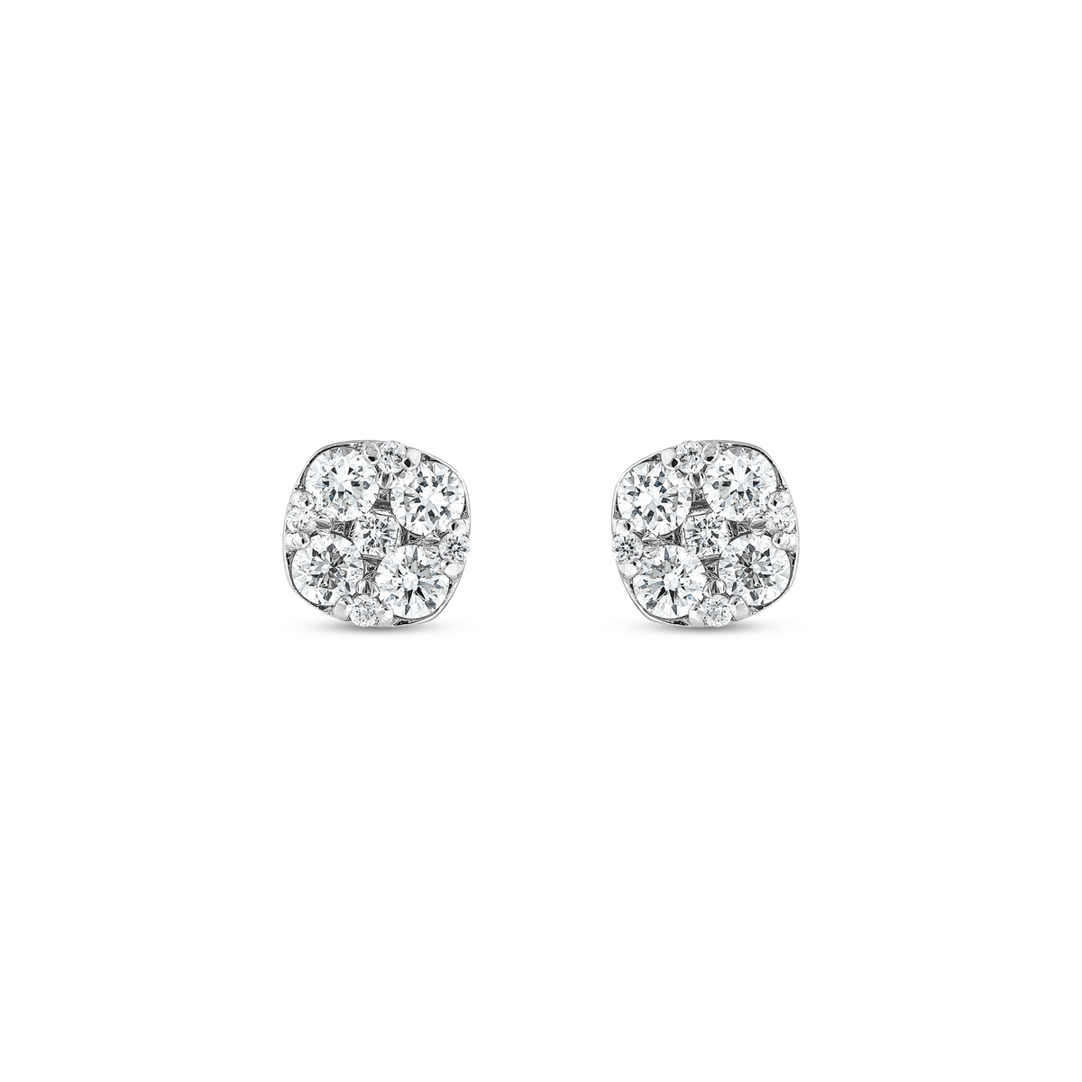 Cushion cluster natural diamond stud earrings in 14K solid white gold, pair shown front on a white background
