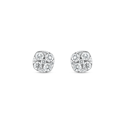 Cushion cluster natural diamond stud earrings in 14K solid white gold, pair shown front on a white background
