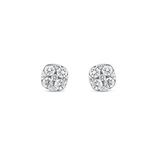 Cushion cluster natural diamond stud earrings in 14K solid white gold, pair shown front on a white background
