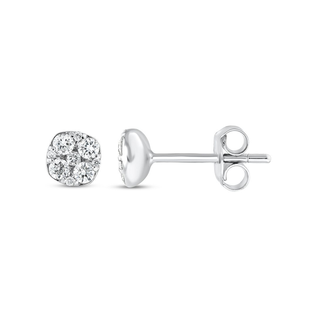 Cushion cluster diamond stud earring with its post and butterfly back shown alongside