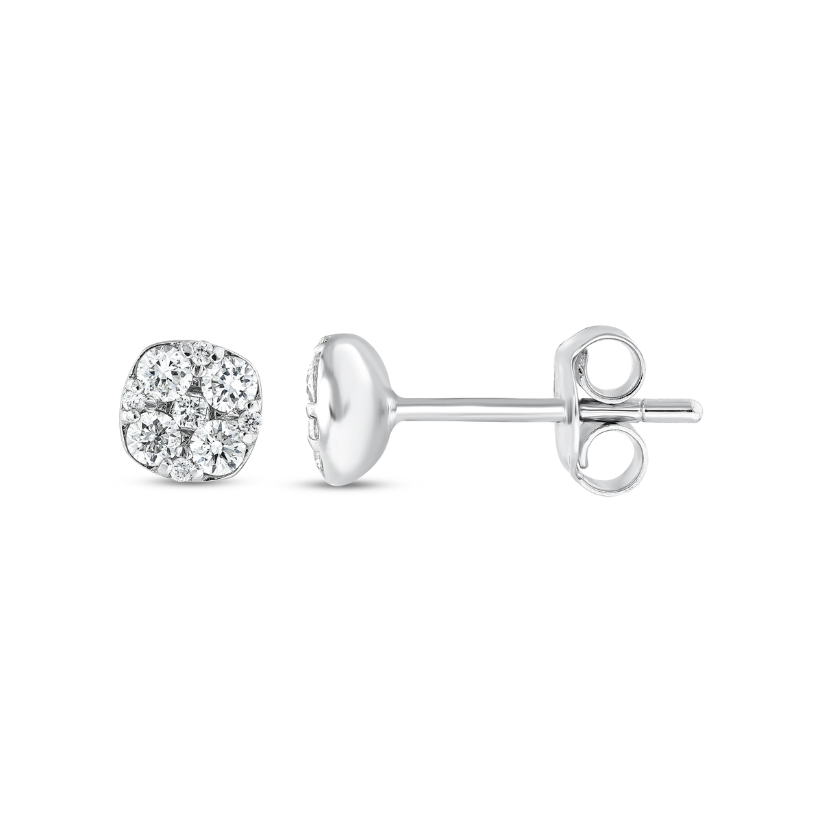 Cushion cluster diamond stud earring with its post and butterfly back shown alongside