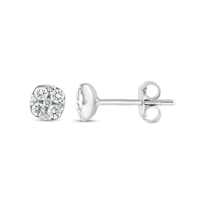 Cushion cluster diamond stud earring with its post and butterfly back shown alongside