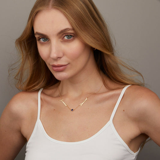 Close detail of the Custom 2-Name Necklace with Birthstone in 18K Gold Vermeil with Birthstone. Safe for sensitive skin.