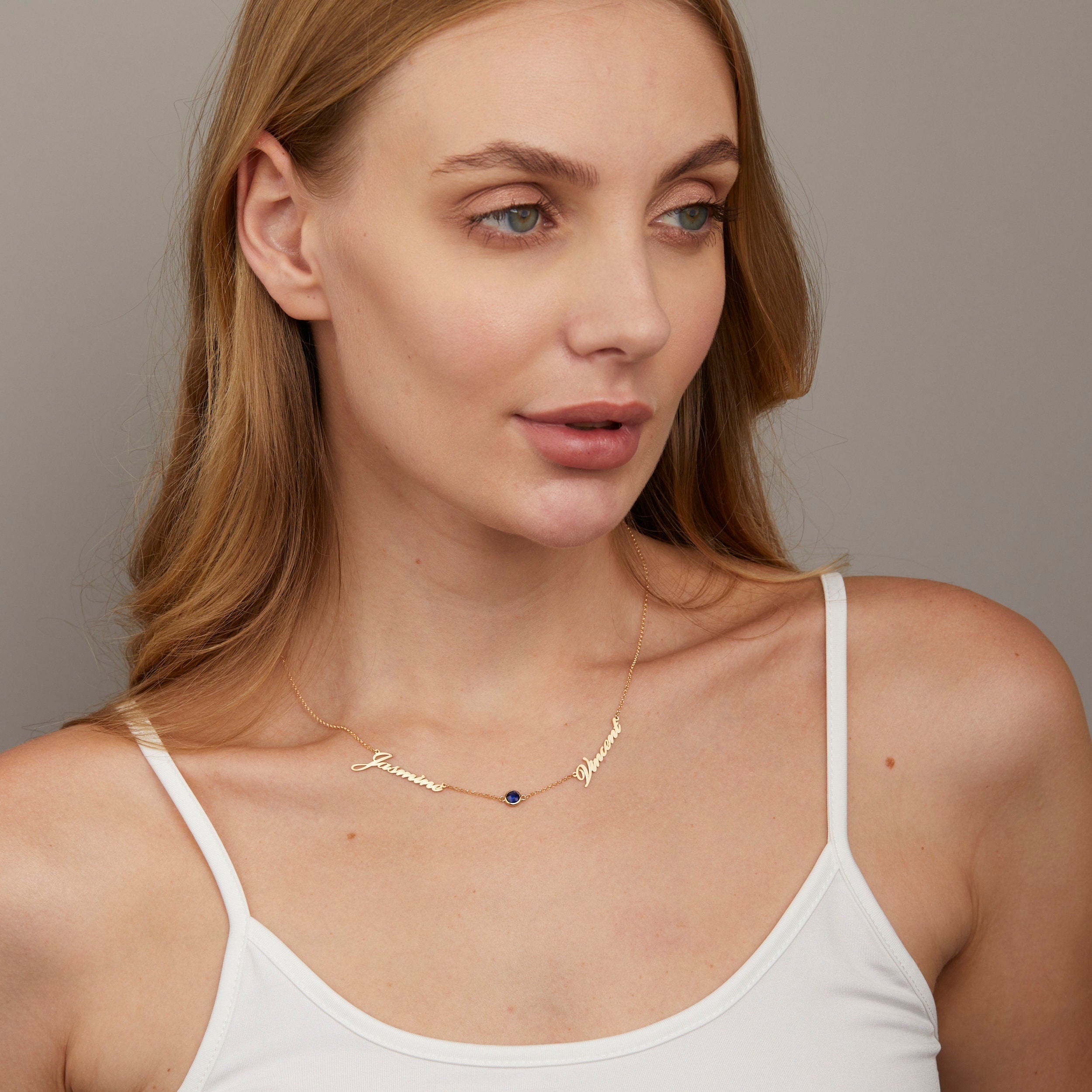 Custom 2-Name Necklace with Birthstone as a thoughtful birthday gift in 18K Gold Vermeil with Birthstone. Hypoallergenic.