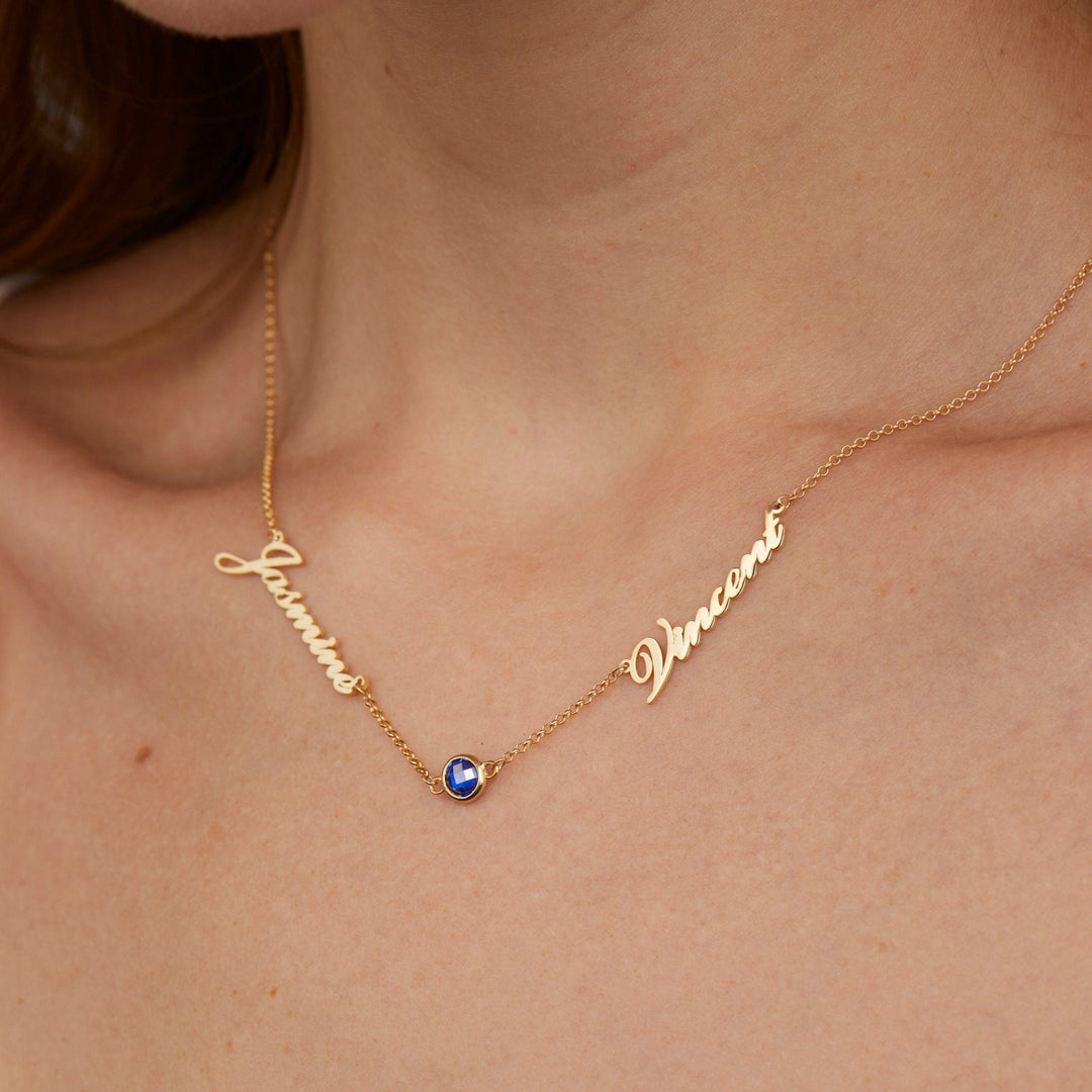 The Custom 2-Name Necklace with Birthstone styled in 18K Gold Vermeil — elegant everyday jewelry. Hypoallergenic, no green.