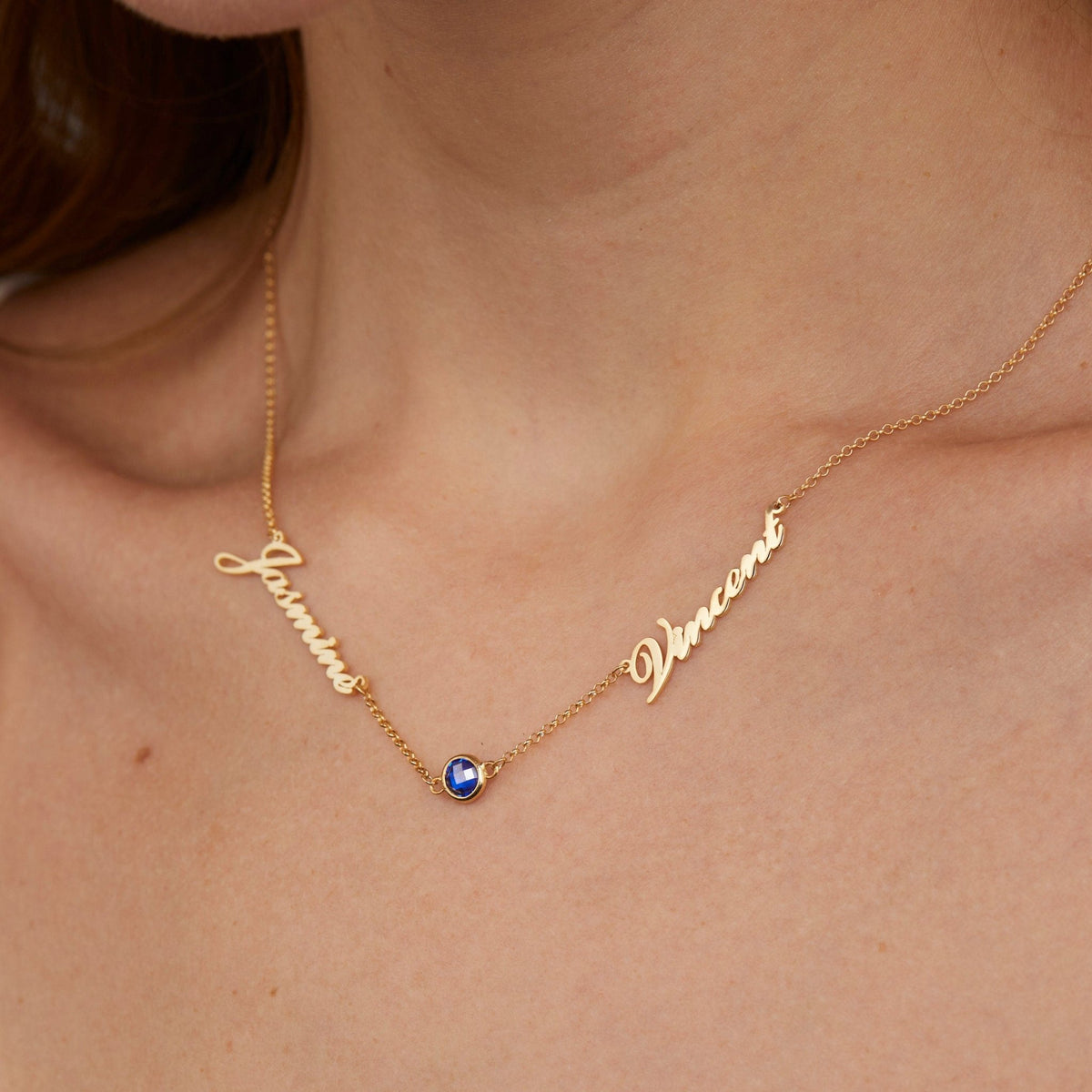 The Custom 2-Name Necklace with Birthstone styled in 18K Gold Vermeil — elegant everyday jewelry. Hypoallergenic, no green.
