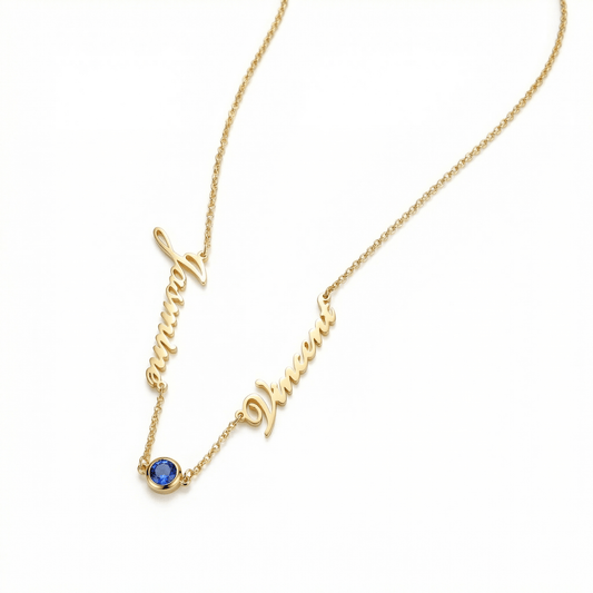 Custom 2-Name Necklace with Birthstone in 18K Gold Vermeil with Birthstone. Tarnish-resistant, perfect for daily wear.