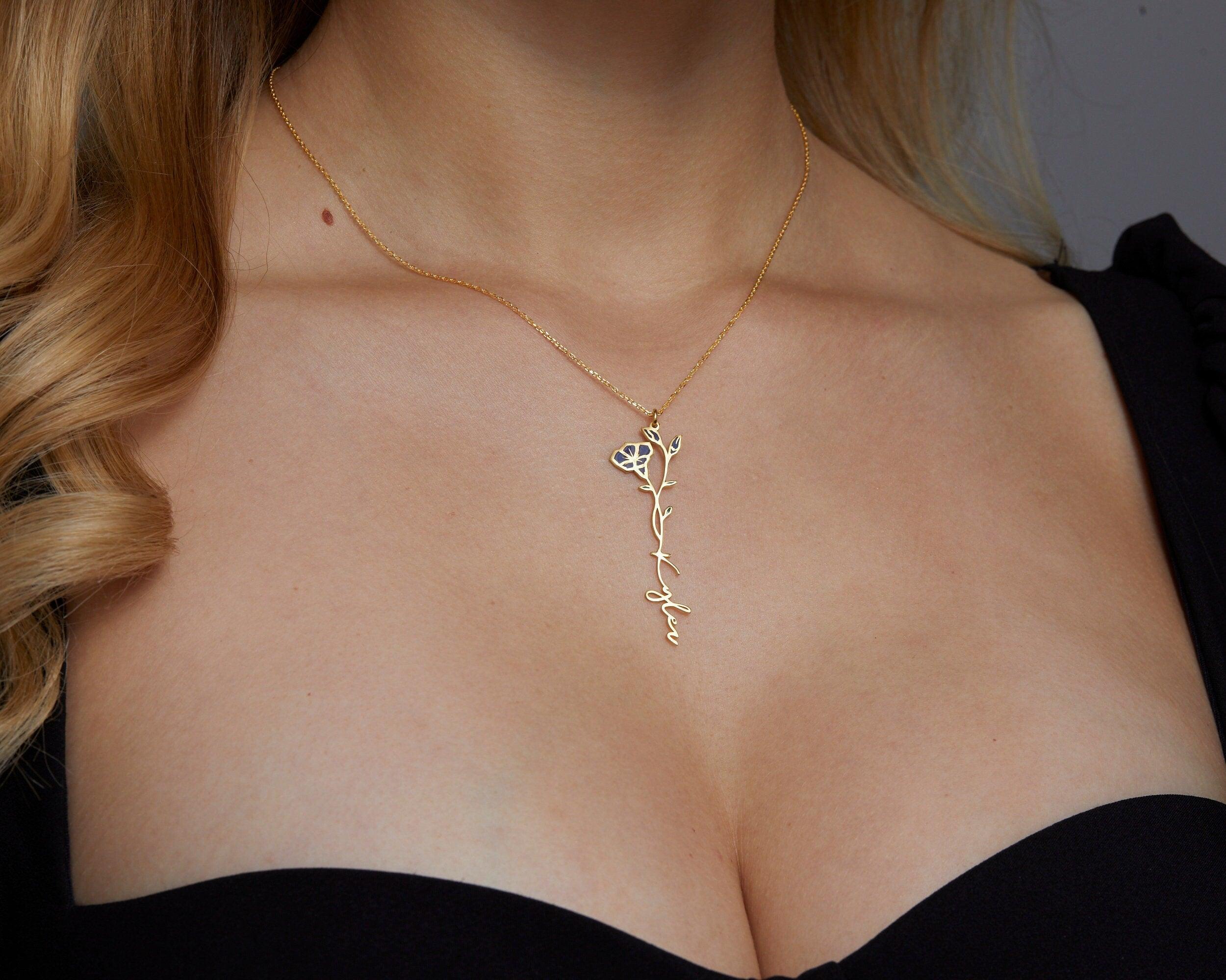 Close detail of the Custom Birth Flower Name Necklace in 18K Gold Vermeil. Safe for sensitive skin, premium handmade jewelry.