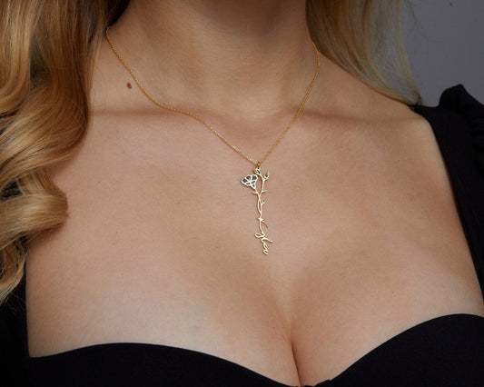 Close detail of the Custom Birth Flower Name Necklace in 18K Gold Vermeil. Safe for sensitive skin, premium handmade jewelry.