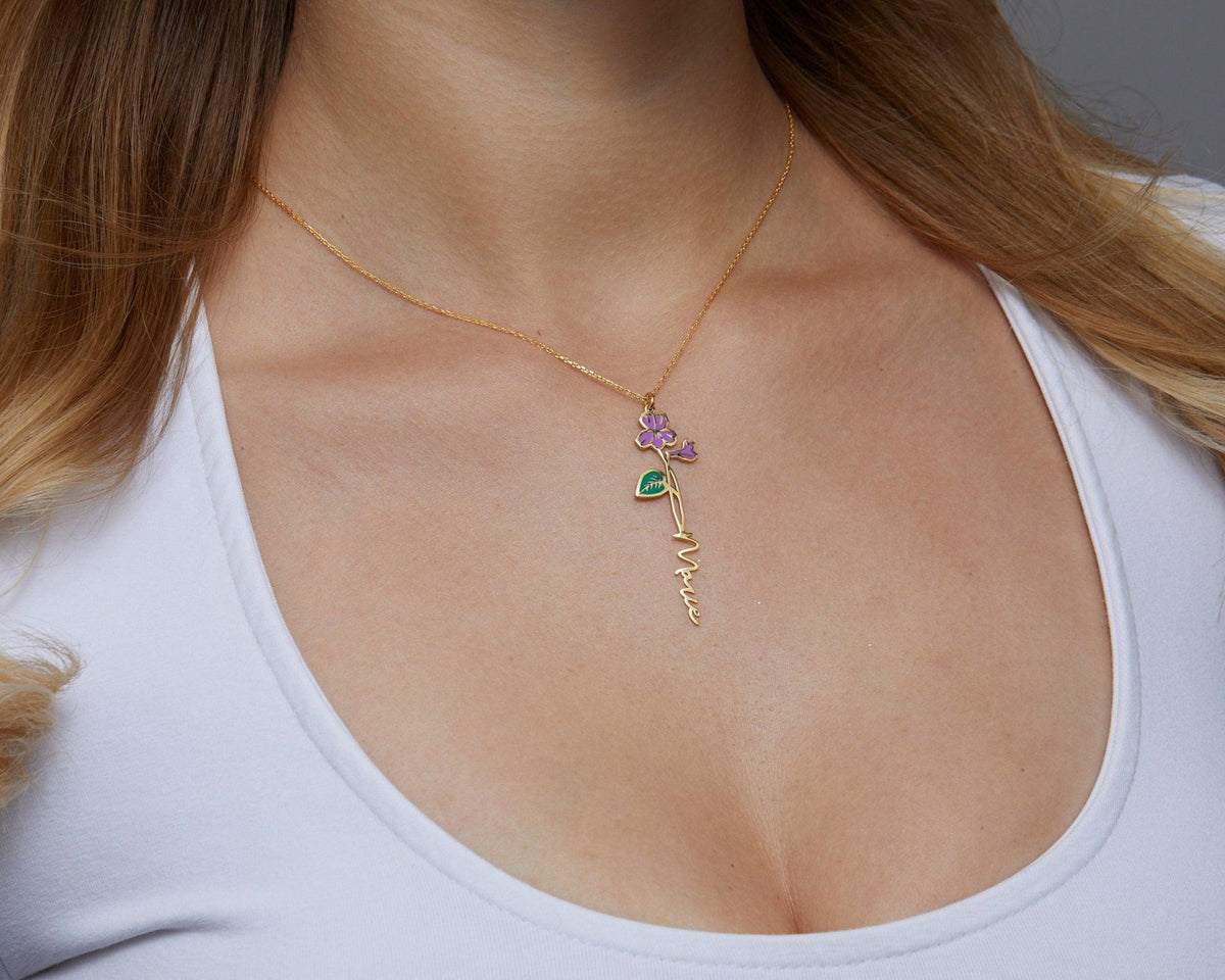 Custom Birth Flower Name Necklace in Glamour Jewelry House gift box — 18K Gold Vermeil mother's day gift. Tarnish-resistant.