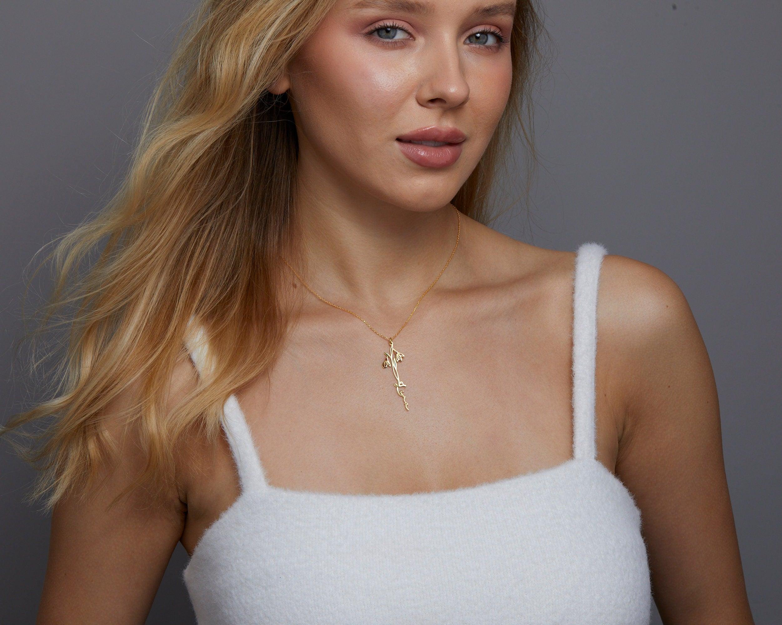 The Custom Birth Flower Name Necklace styled in 18K Gold Vermeil — elegant everyday jewelry. Hypoallergenic, no green marks.