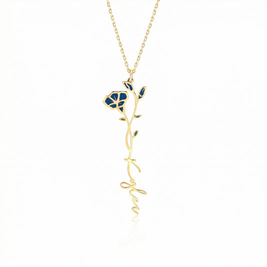 Custom Birth Flower Name Necklace in 18K Gold Vermeil. Tarnish-resistant, perfect for daily wear.