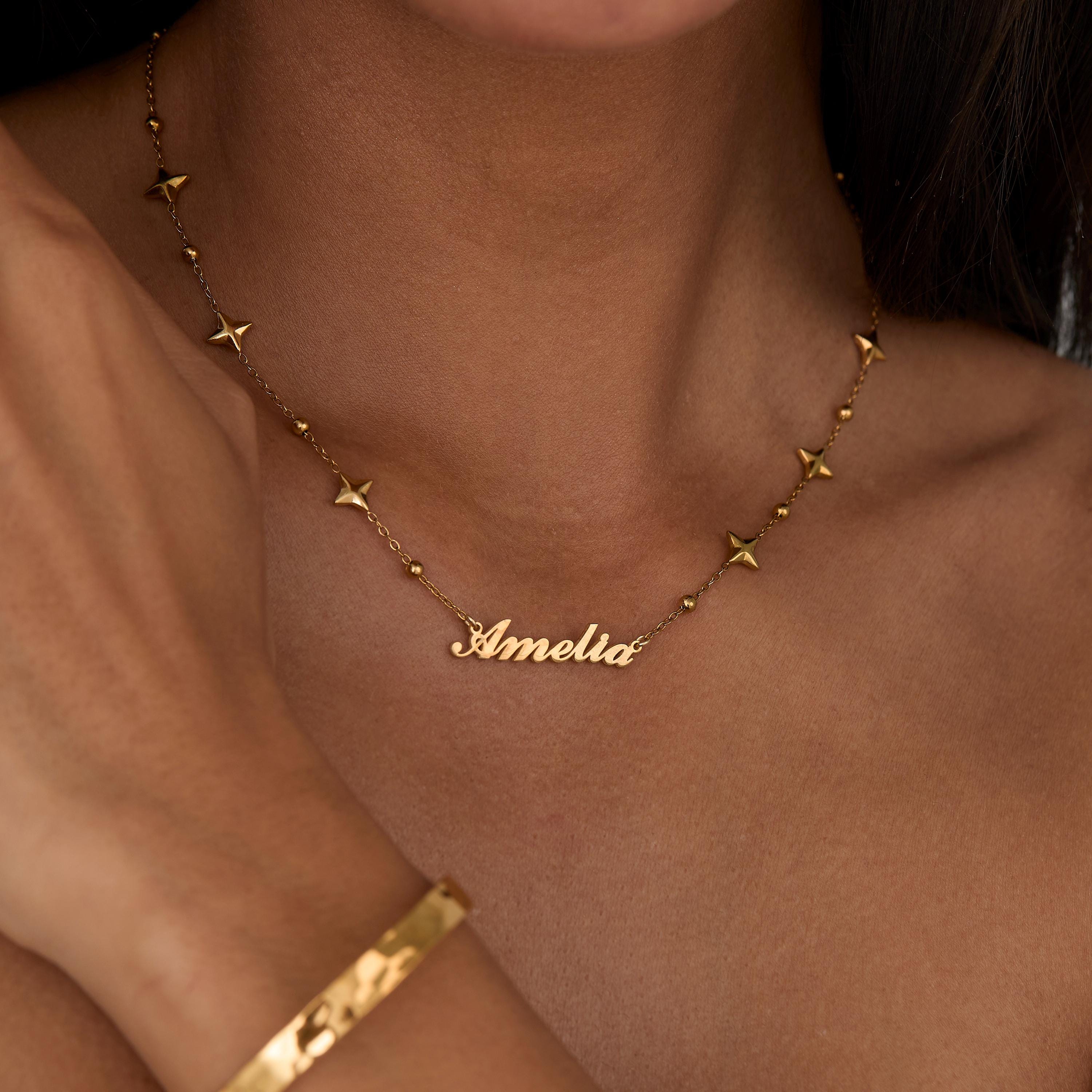 Custom Name Necklace with Star Charms in Gold-Plated Steel — luxury handmade jewelry. Tarnish-resistant, perfect daily wear.