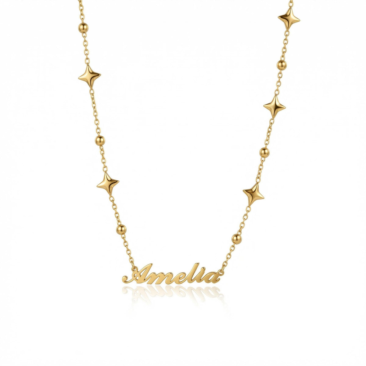 Custom Name Necklace with Star Charms in Gold-Plated Steel. Tarnish-resistant, perfect for daily wear.
