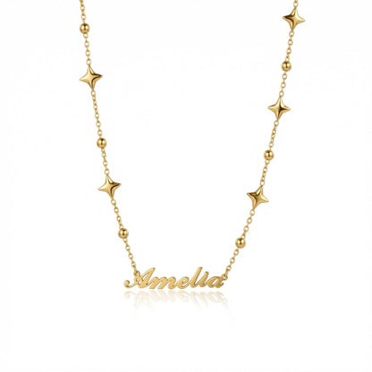 Custom Name Necklace with Star Charms in Gold-Plated Steel. Tarnish-resistant, perfect for daily wear.