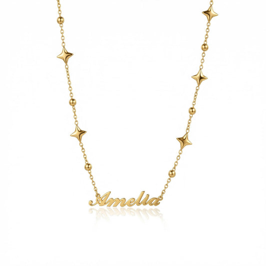 Custom Name Necklace with Star Charms in Gold-Plated Steel. Tarnish-resistant, perfect for daily wear.