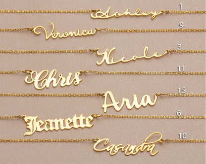 Macro detail of the Custom Name Necklace showcasing craftsmanship in 18K Gold Vermeil. Tarnish-resistant, handmade.