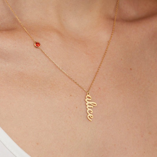 Close detail of the Custom Name Necklace with Birthstone in 18K Gold Vermeil with Birthstone. Safe for sensitive skin.