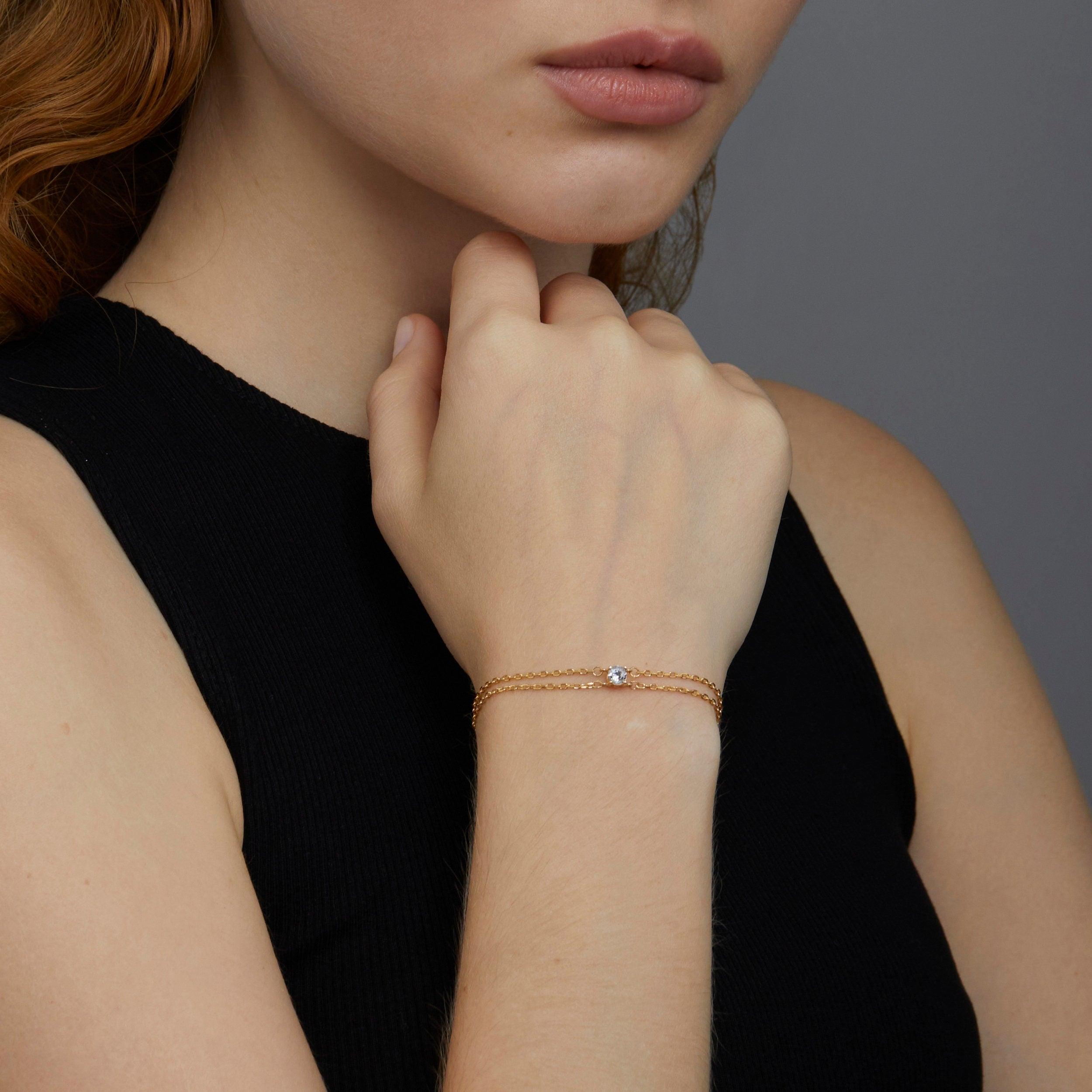 Close detail of the CZ Diamond Bracelet in 18K Gold Vermeil with CZ Diamond. Safe for sensitive skin, premium handmade.